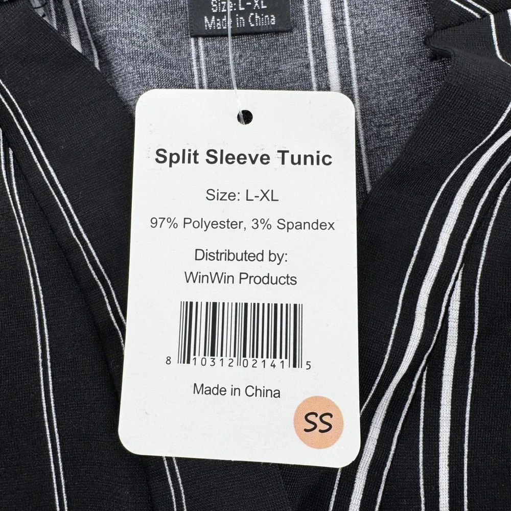 Black White Tunic Top Striped Split Sleeve V Neck Women L XL Career Office NWT - Picture 11 of 11
